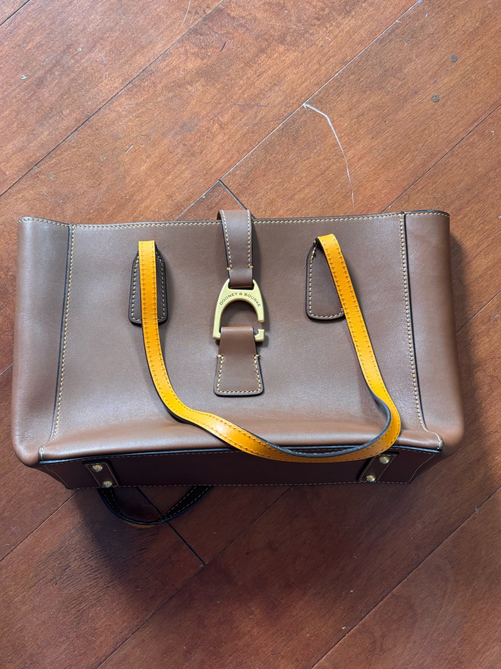 Dooney & Bourke Brown Leather Tote with Yellow Accent Handles
